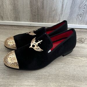 New JITAI Loafer Slip-On Shoe Mens 9 Velvet Black Gold Luxury Party Wedding